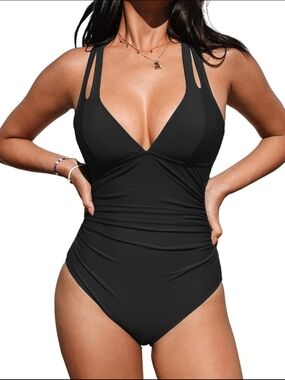 NWT! Cupshe Classic Black V-Neck One-Piece Swimsuit